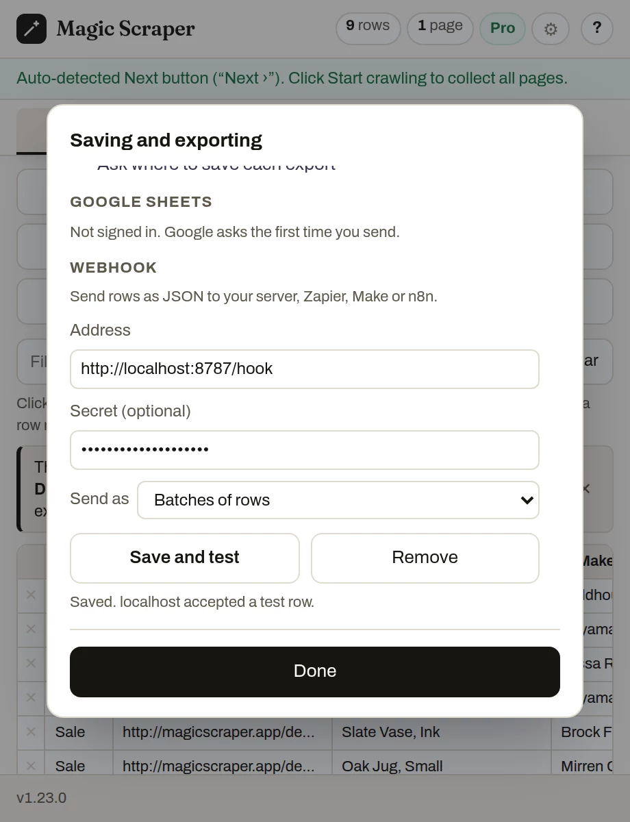 The Saving and exporting dialog with the Webhook section: address http://localhost:8787/hook, an optional secret, Send as Batches of rows, and Save and test
