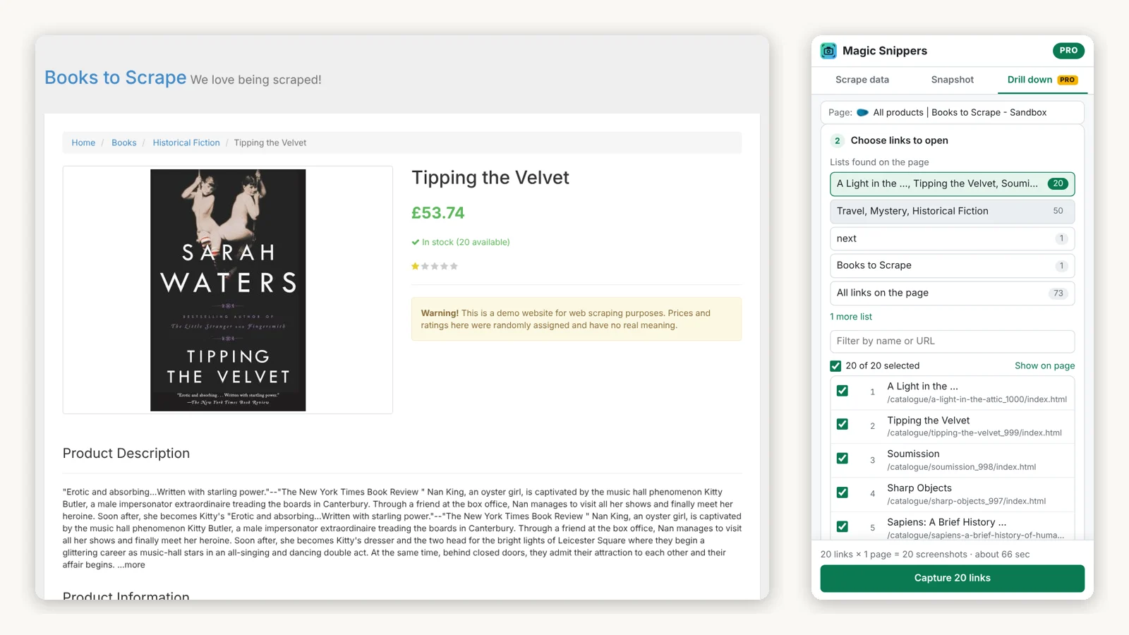 A book's product page captured in full, beside the Magic Snippers panel listing the 20 links it will open